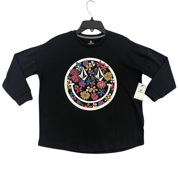Volcom Girls XXS T-Shirt Smiley Face Floral Logo Graphic Black NWT - Picture 1 of 9